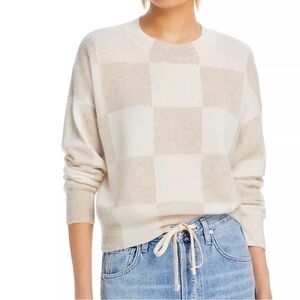 AQUA
CASHMERE  Neutral Checkered Crew Neck Sweater
